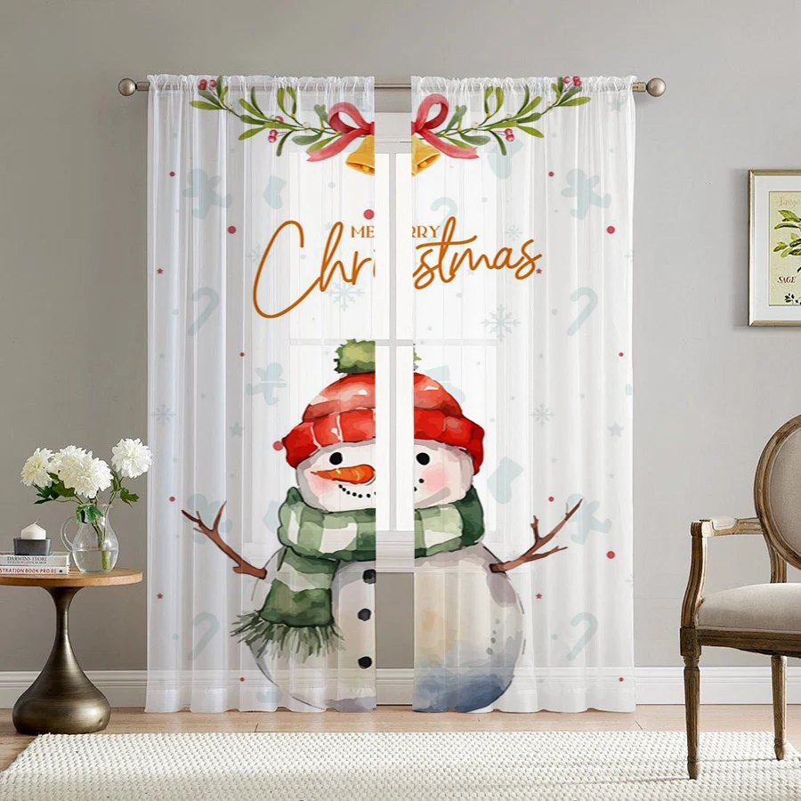 2PCS Christmas Sheer Curtains, Snowman Gift Box Xmas, Digital Print, Bedroom Living Room, Rod Pocket Polyester, Home Decor