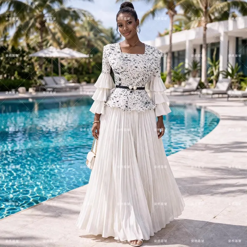 Miyake Pleated Original Skirt Set 2026 Summer New Evening Dress Square Neck Ruffled Loose Plus Size Print Fold 2-Piece Set Women - view 2