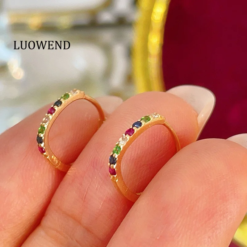 

Серьги LUOWEND из 100% желтого золота 18 карат, винтажные элегантные стильные серьги-кольца с сапфиром натурального цвета для женщин, подарок на день рождения