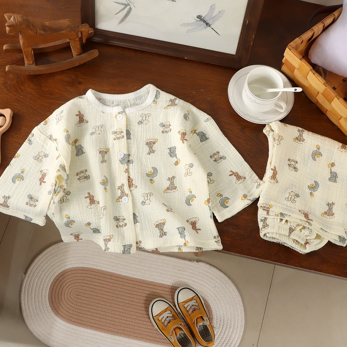 Girls' Pajama Sets Summer Cotton Pajamas Children's Home Wear Clothes Set Thin Double-layer Cotton Air Conditioning Suit Set
