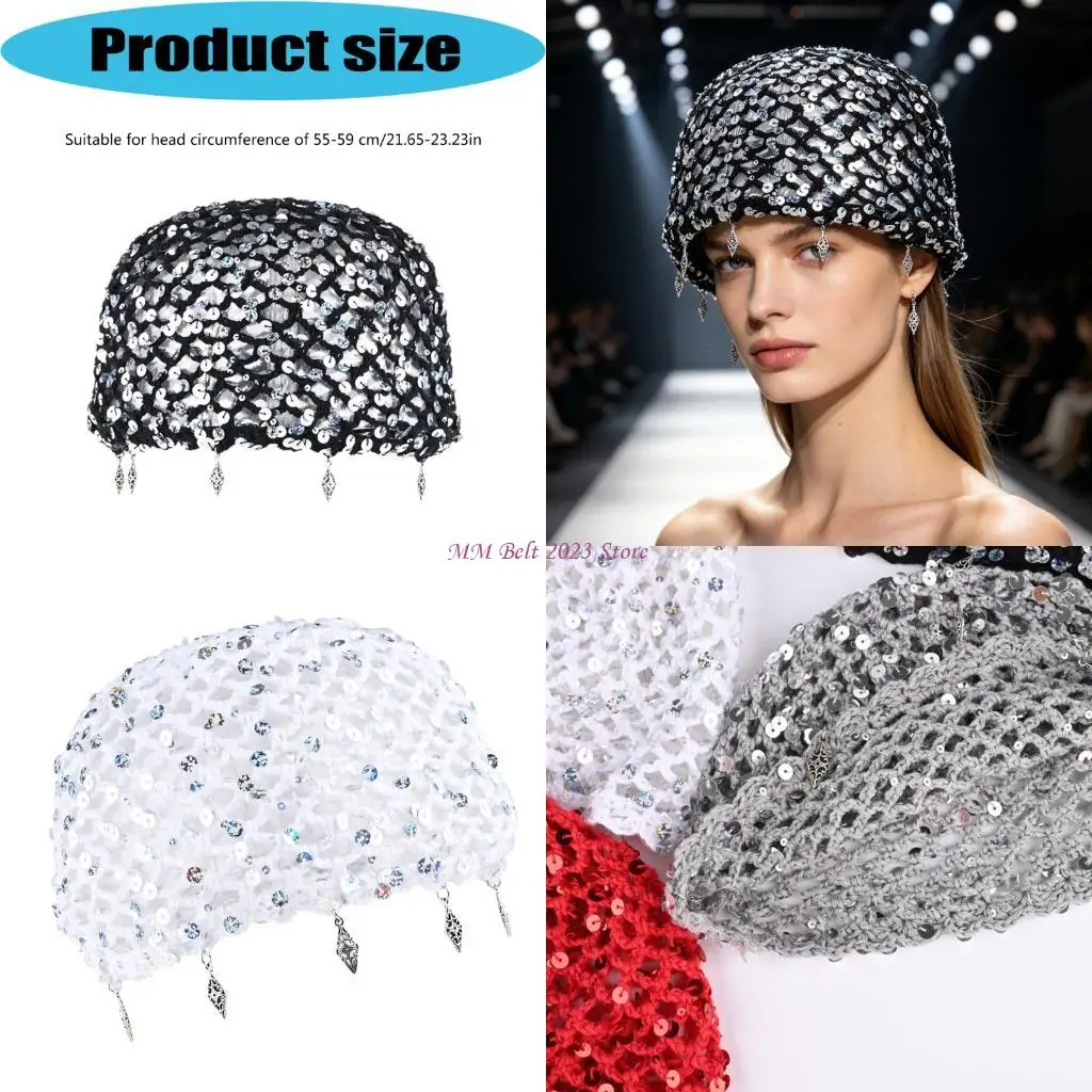 49ME Statement Crochet Skull Cap with Disc Embellishment Open Weave Hat Size 55-59 for Party Wear Looks