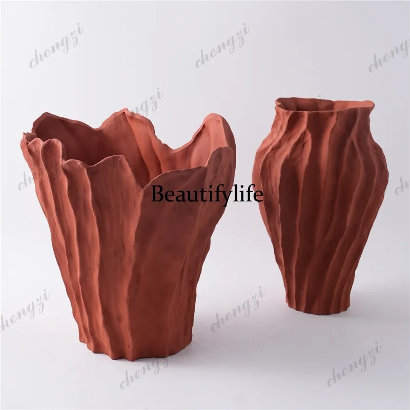 A95 red pottery vase handmade retro pleated textured flower ware home decoration living room porch ornament