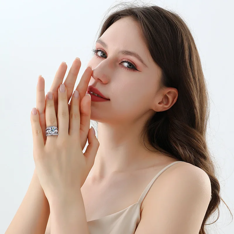 S925 Silver Moissanite Ring Full Crown Pigeon's Egg Shaped Three Lives Three Worlds Wedding Band for Women