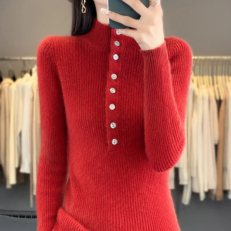 Autumn/Winter new women's sweater 100% Merino cashmere half-turtleneck pullover Fashion slim draw strip warm base knit shirt