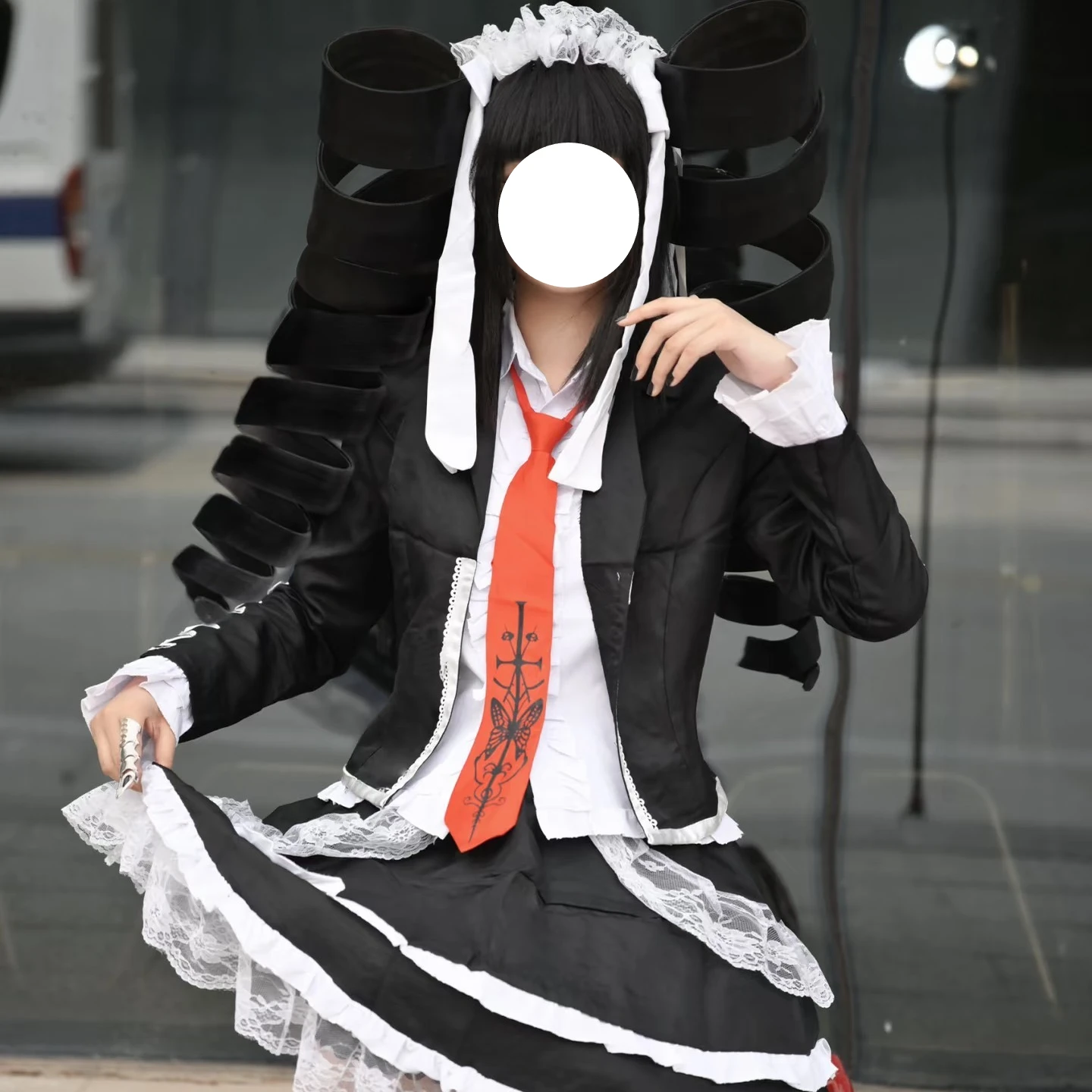 

Celestia Ludenberg Black White Gothic Lolita Cosplay Costume Red Tie and Lace Trim Set for Perty Roleplay Suit Anime Dangaronpa