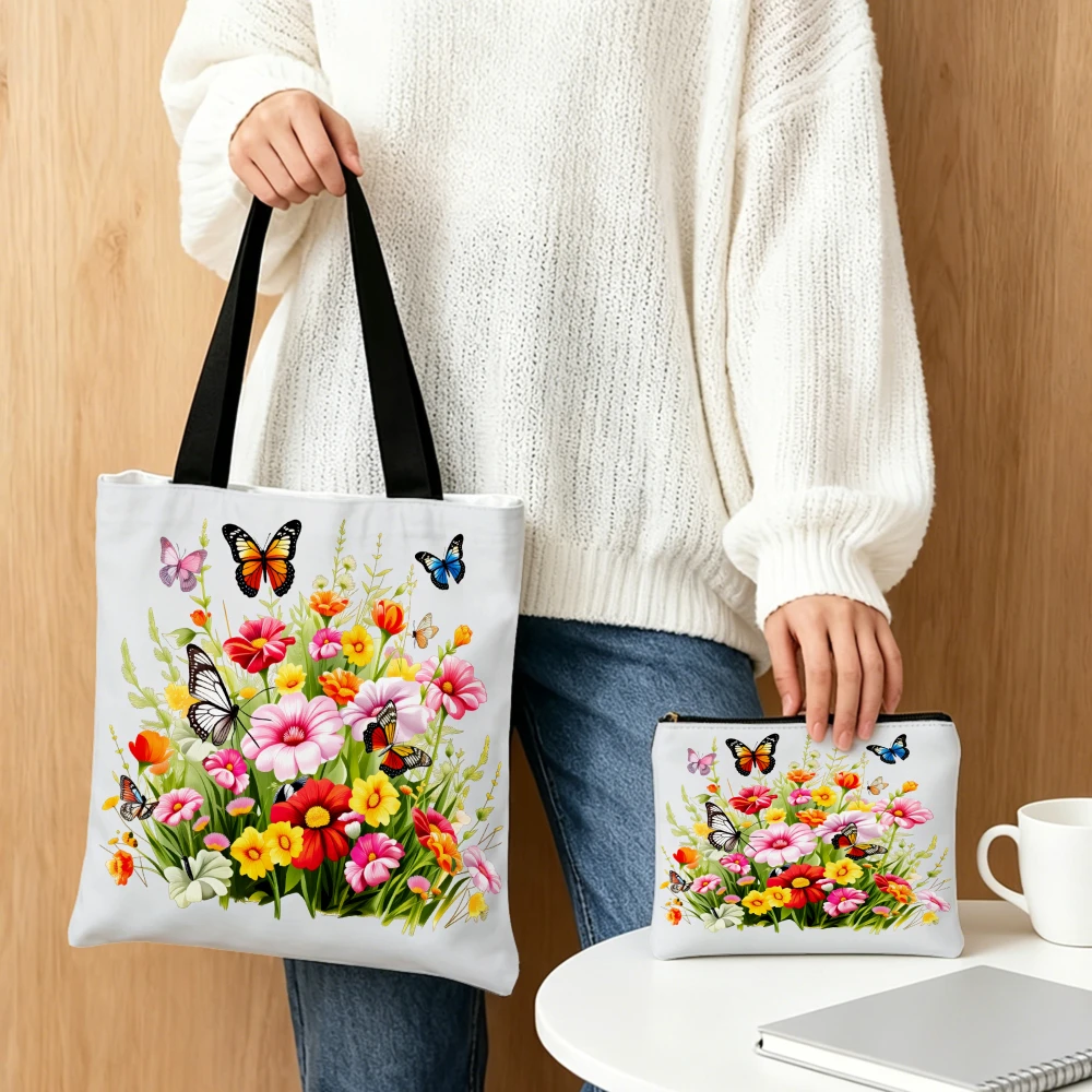 Floral Print Handbag Butterflies And Flowers Tote Bags And Makeup Bag Combination For Women Shopping Daily Use Portable Pouch view 4