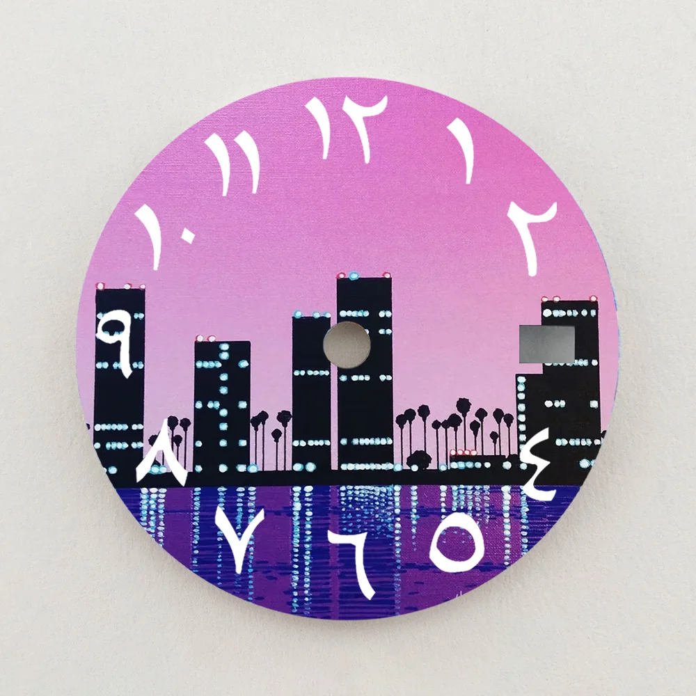 28.5mm Dial NH35 Dial Neon Sunset Landscape Cityscape Arabic Numeral Dial NH36 Dial Watch Accessories Fits NH35/NH36 Movements
