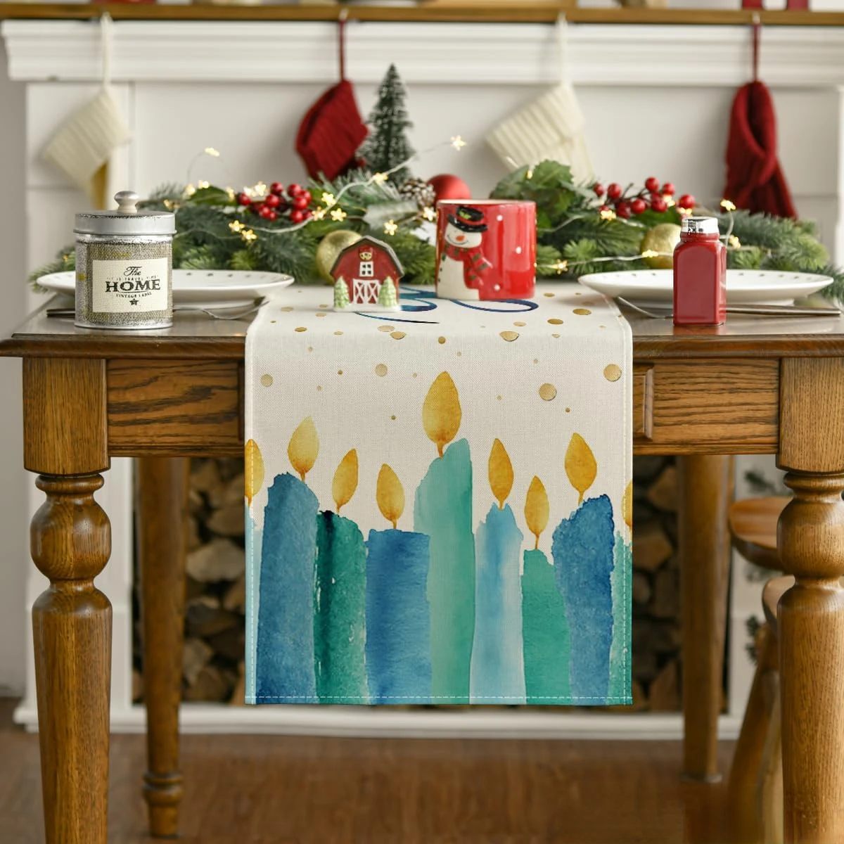 Happy Hanukkah Watercolor Candle Linen Table Runner Dresser Scarf Jewish Menorah Chanukah Table Runner Kitchen Party Table Decor