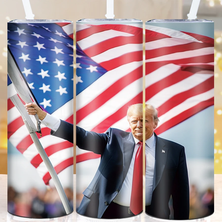 20oz Stainless Steel Straight Tumbler With Straw Lid 3D Print Trump Fight For USA Flag Seamless Inflated Outdoor Travel Tumblers