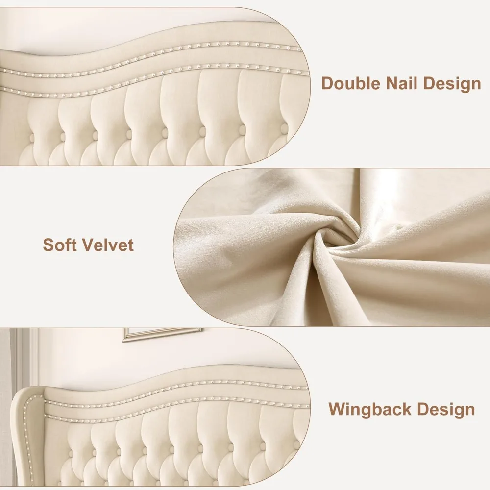 إطار سرير منجد بالحجم الكامل مع لوح رأسي طويل، إطار سرير بمنصة جناح مخملية مع زر عميق معنقدة، بدون صندوق زنبركي N #6