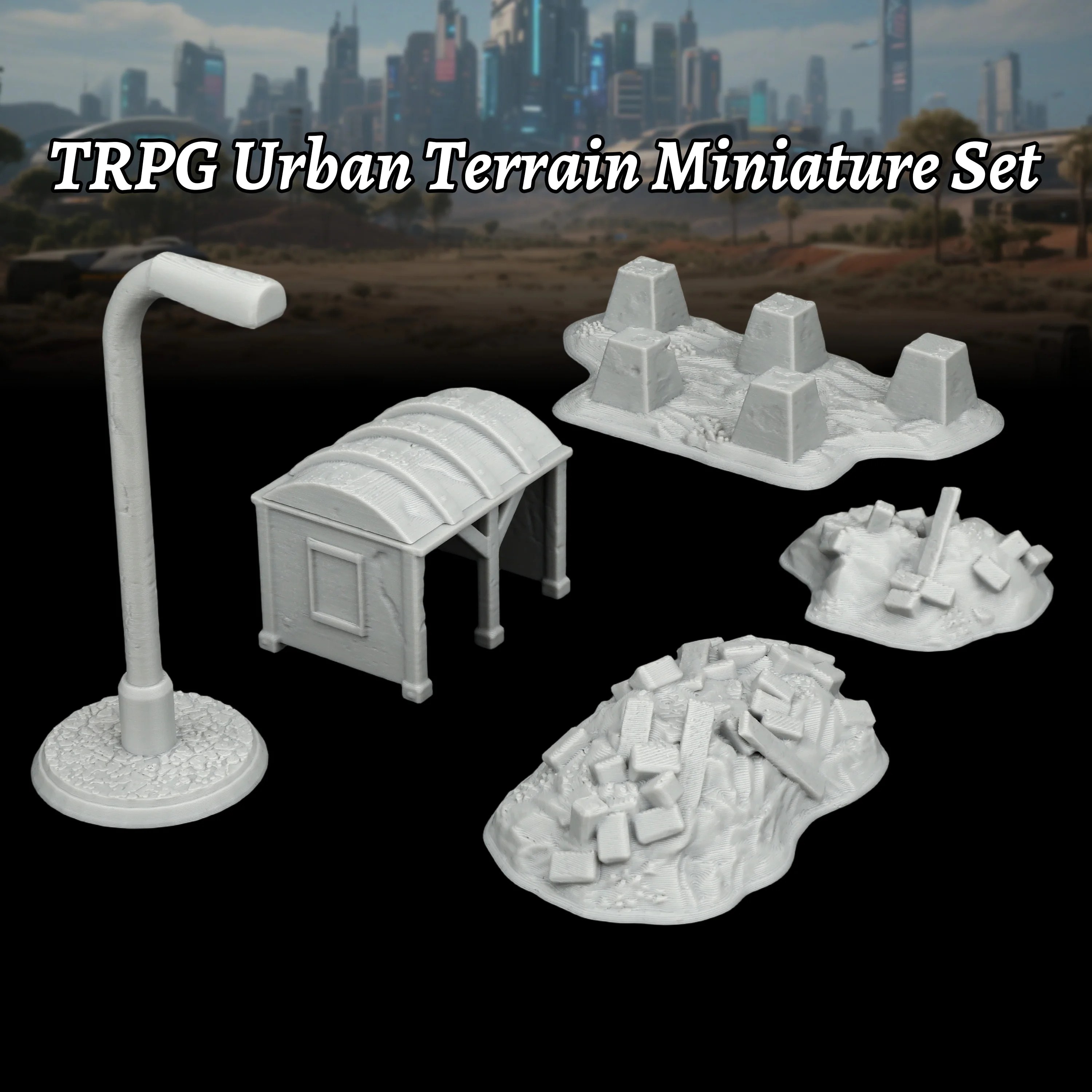 RPG City Corner Ruins Terrain – TTRPG Tabletop Scenery, Sci-Fi Street Details, Gifts for Futuristic & Modern City Settings