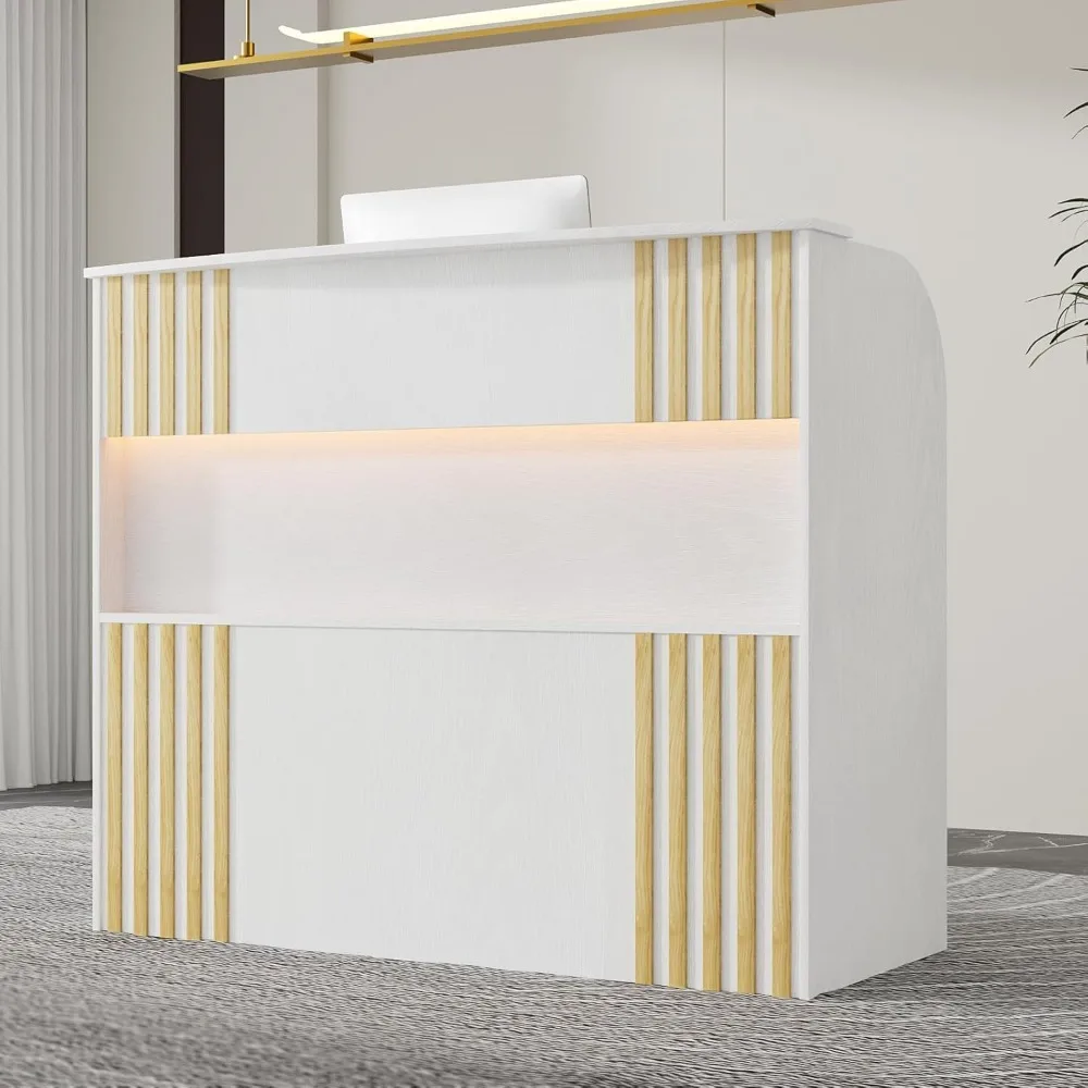 

Modern Reception Desk with Storage Drawers, 39.4" H Office Counter with LED Lighting, Secretary Desk with Power Outlets – Front
