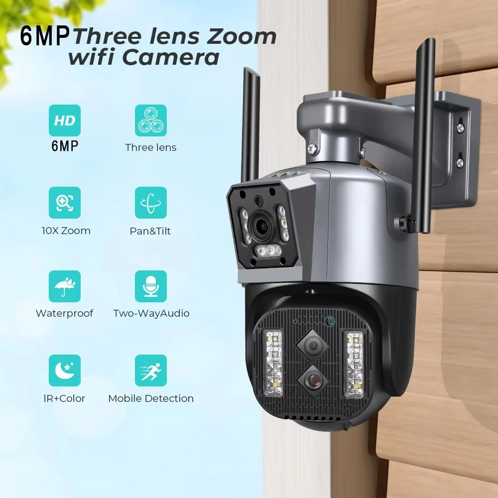 6MP 4K IP WiFi Outdoor Camera Ptz Three Lens Dual Screen 10x Hybrid Zoom Auto Tracking Waterproof 360° Security Camera