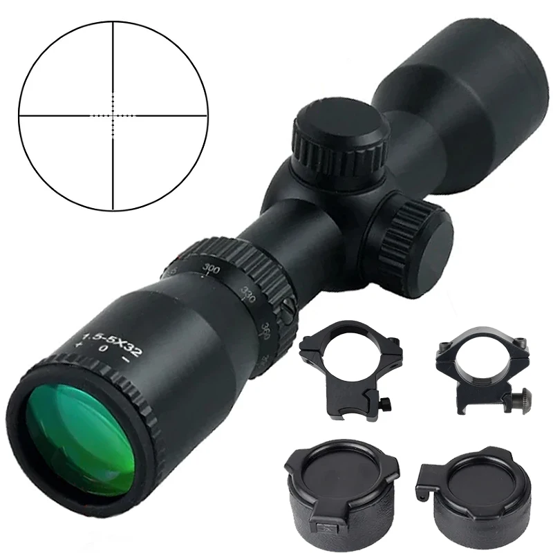 

1.5-5X32 Short Scope Hunting Riflescope Red Dot Green Illuminated Optical Optic Tactical Reflex Sight Rail 20mm For Airsoft