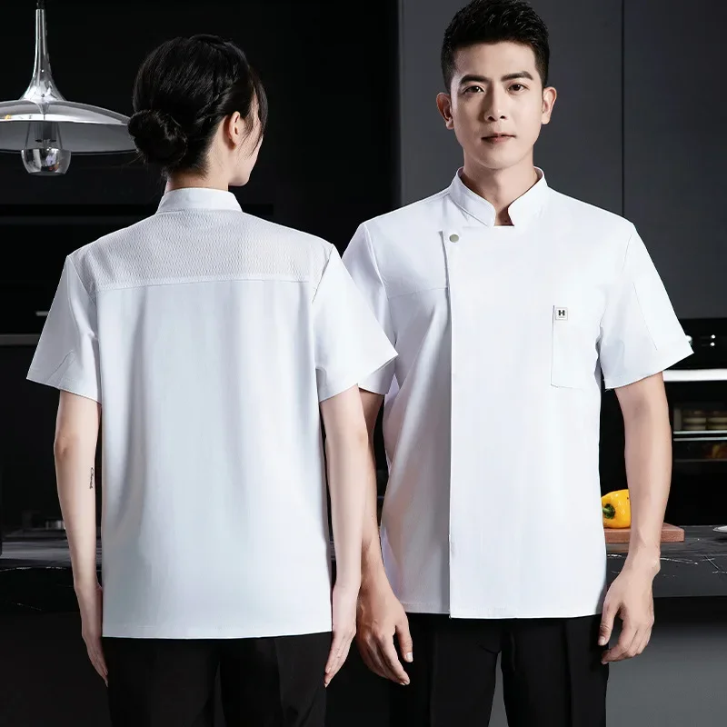 Neue hochwertige elastische Chef-Kurzarm-Arbeitskleidung Sommer dünne atmungsaktive Herren schwarz-weiße Catering-Kochkleidung