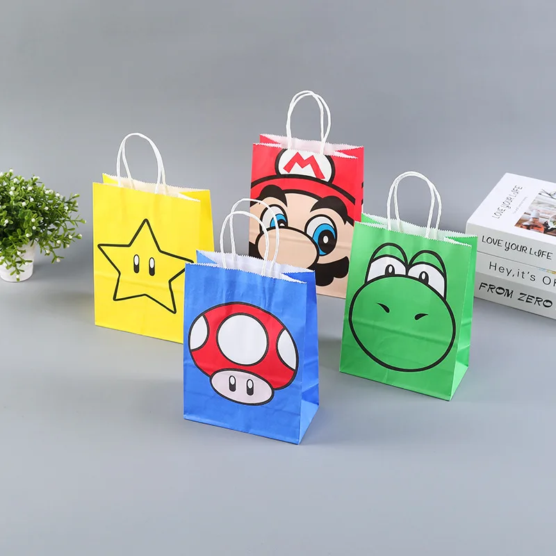 Wholesale Super Mario Bros 12Pcs/set Kraft Paper Candy Bag Luigi Yoshi Handbag Birthday Party Packing Paper Bag for Halloween