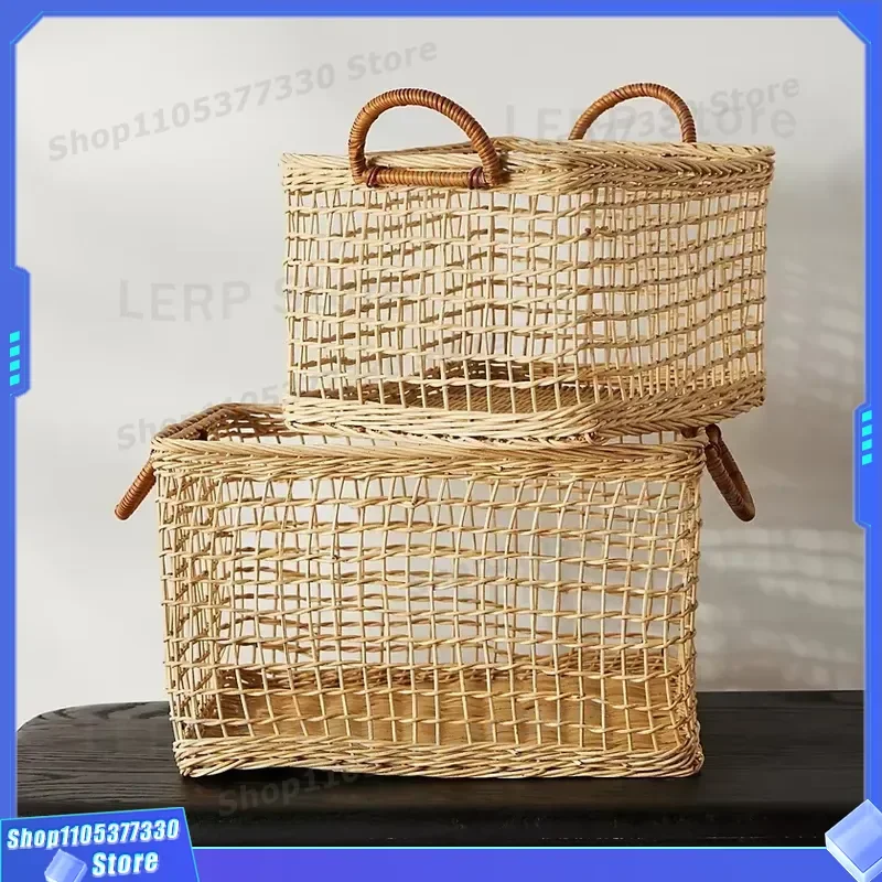 Hand Woven Rattan Storage Basket Soft Plastic Imitation Pattern Hole Design Ivy Style Home Organizer Guangdong Made