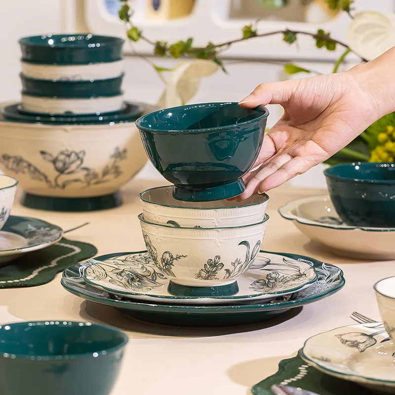 Two color combination Ceramic Tableware set  Aesthetics Dish Plate Dinner Plate Rice Bowl Fish plate 1Set