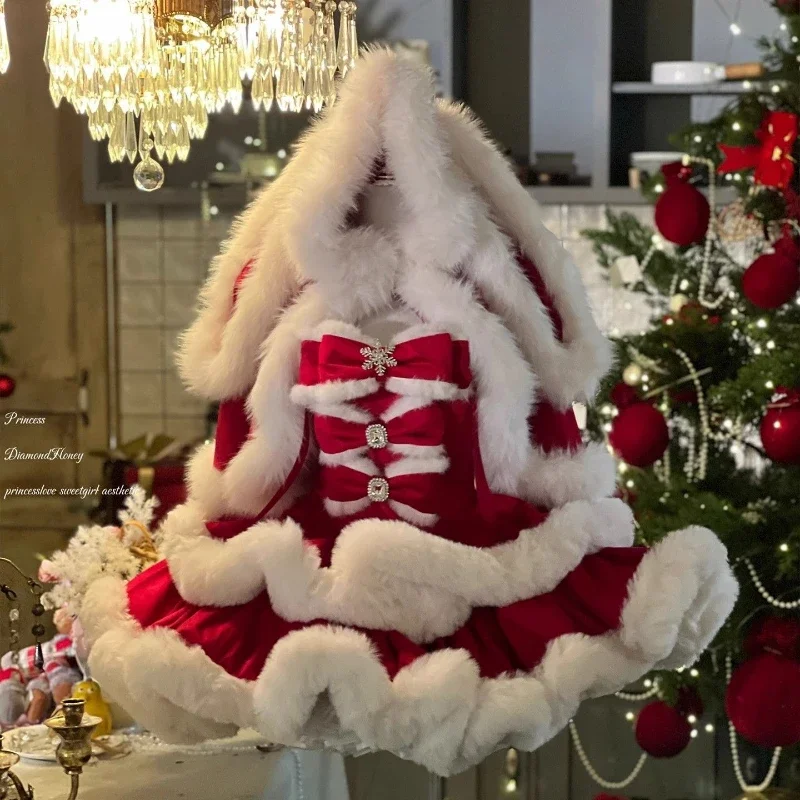Red Autumn Winter Christmas Lolita 2 Piece Sets Women Sweet Plush Bunny Ear Hooded Cloak Coat Bow Mini Dresses New Year Y2k Suit