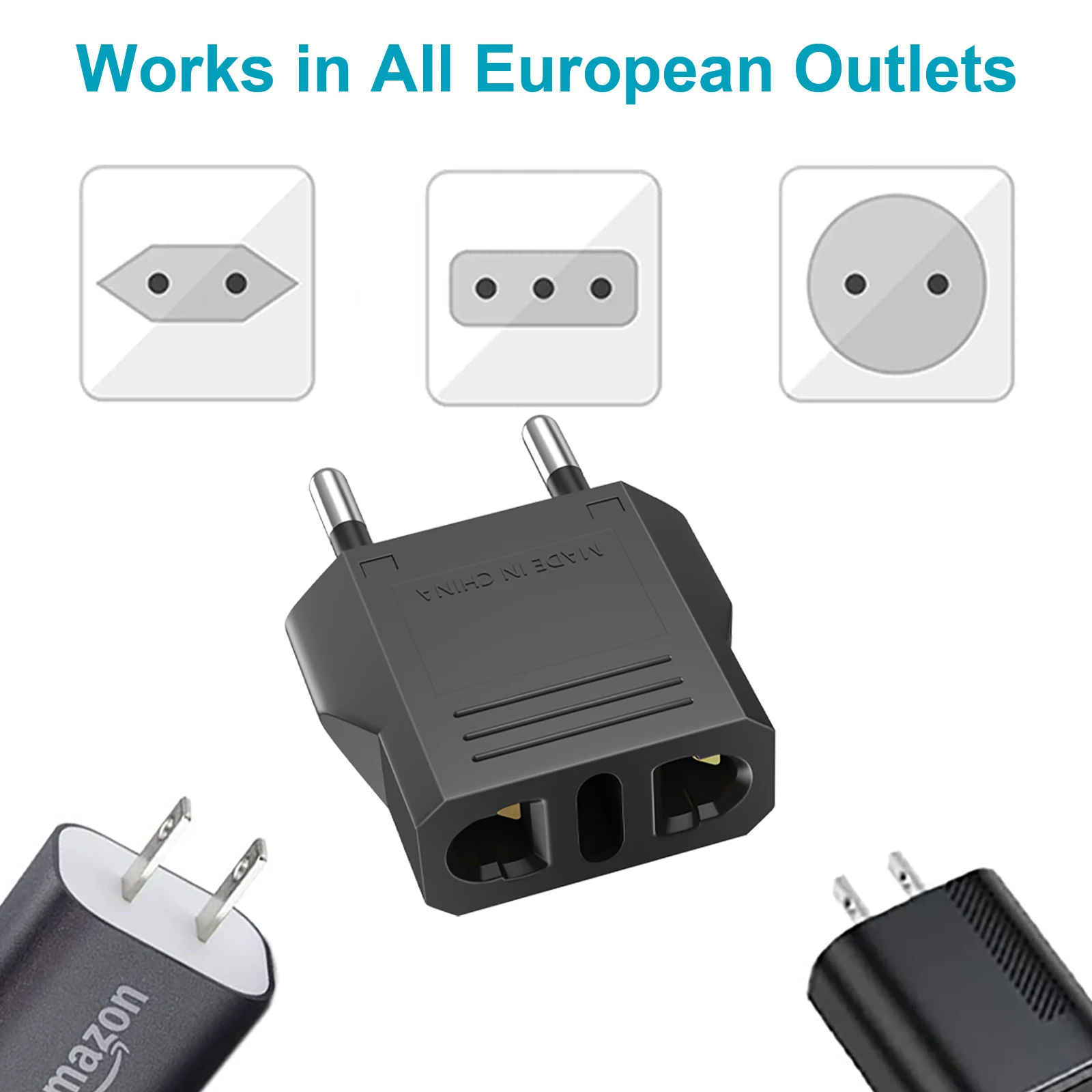 European travel adapter, European standard to American standard charging adapter, 6A safe current, portable travel essential