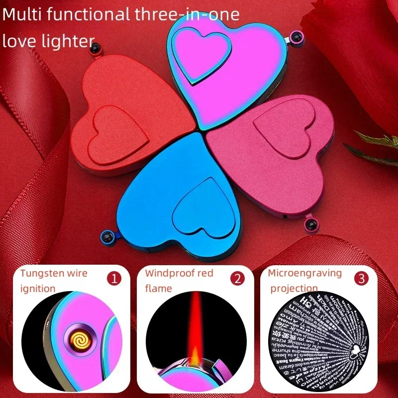 Love Heart Shape Lighter Gift Box Set Gas Electric Dual-Use Micro-Engraved Projection Lighter Rechargeable Metal Cigar Lighter