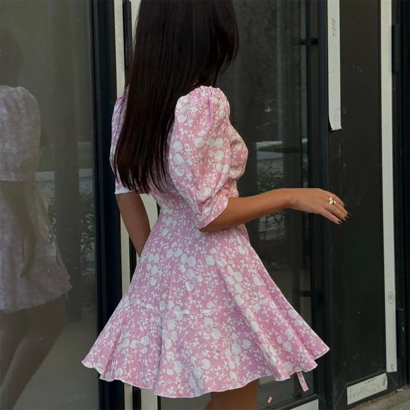 Chic Printed Slim Fit Mini Dress Women Elegant V-neck Puff Short Sleeves Waist Cinching Dresses 2026 Summer Lady Party Robes New