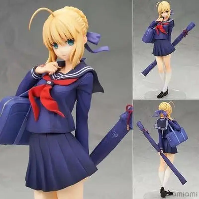 22CM Anime Fate Stay Night Altria Pendragon Figure Student uniform standing animation model gift Collection Decorative Ornaments