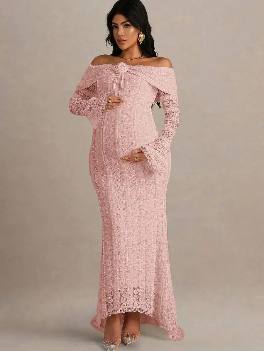 

Maternity Off Shoulder Long Sleeve Lace Fitted Maxi Dress For Autumn Winter