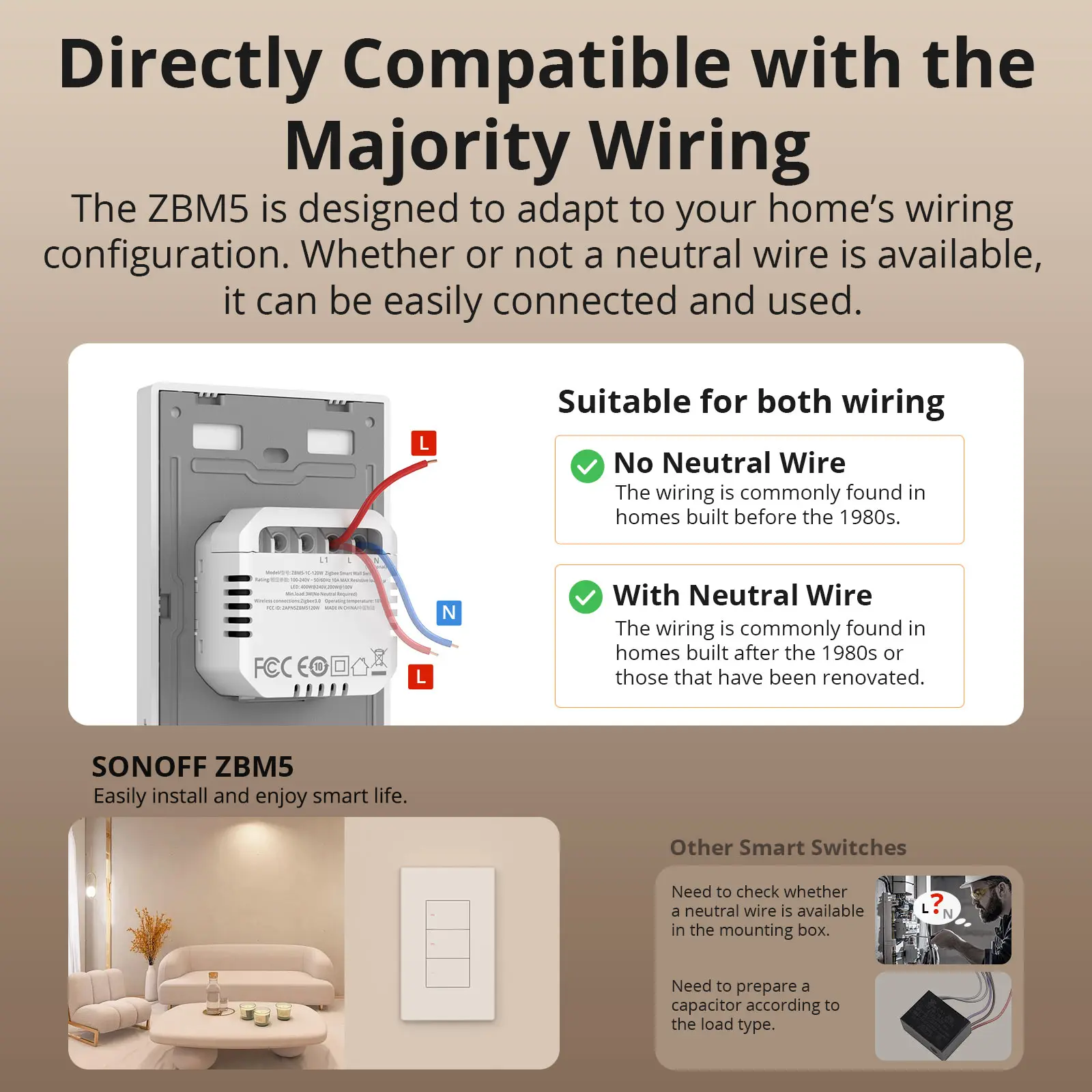 Sonoff zbm5 switchman zigbee interruptor de parede inteligente suporta nenhum fio neutro e neutro destacando modo de relé funciona com assistente doméstico