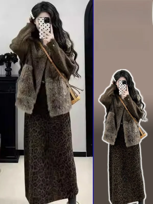 

plus Size Knitted Sweater Faux Fur Vest Leopard Print Skirt Tee Piece Set Korean Sle Women's Faion Warm Winter Ens...