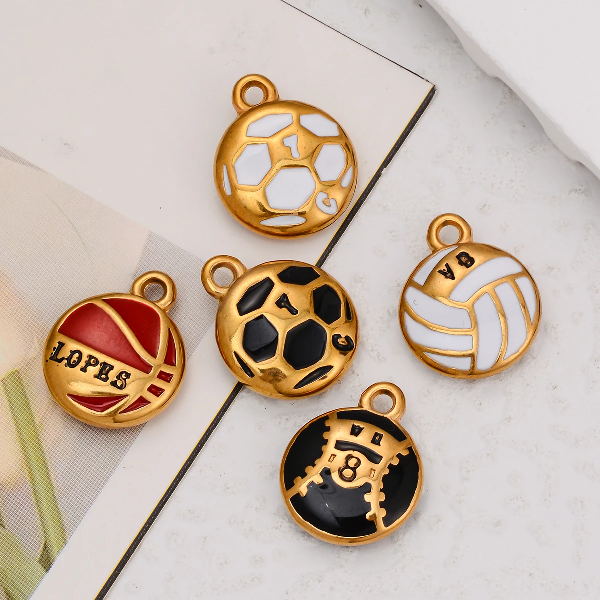 5pcs Sports Ball Enamel Charms Stainless Steel Pendants Supplies for Jewelry Making Earrings DIY Necklace Bracelet Accessories