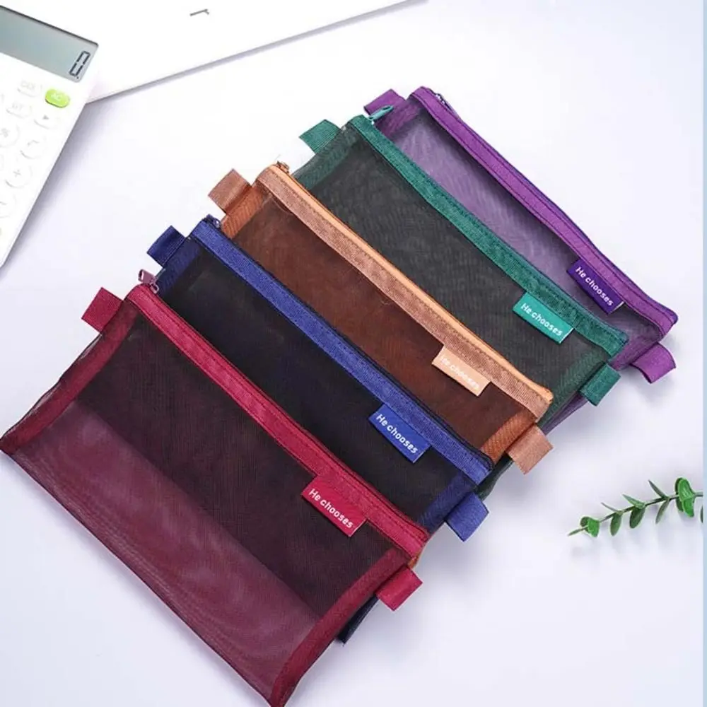 Nylon Mesh Pencil Case Retro Color Large Capacity Transparent Bills Bag Storage Bag Organizer Case Zipper Stationery Bag Lady