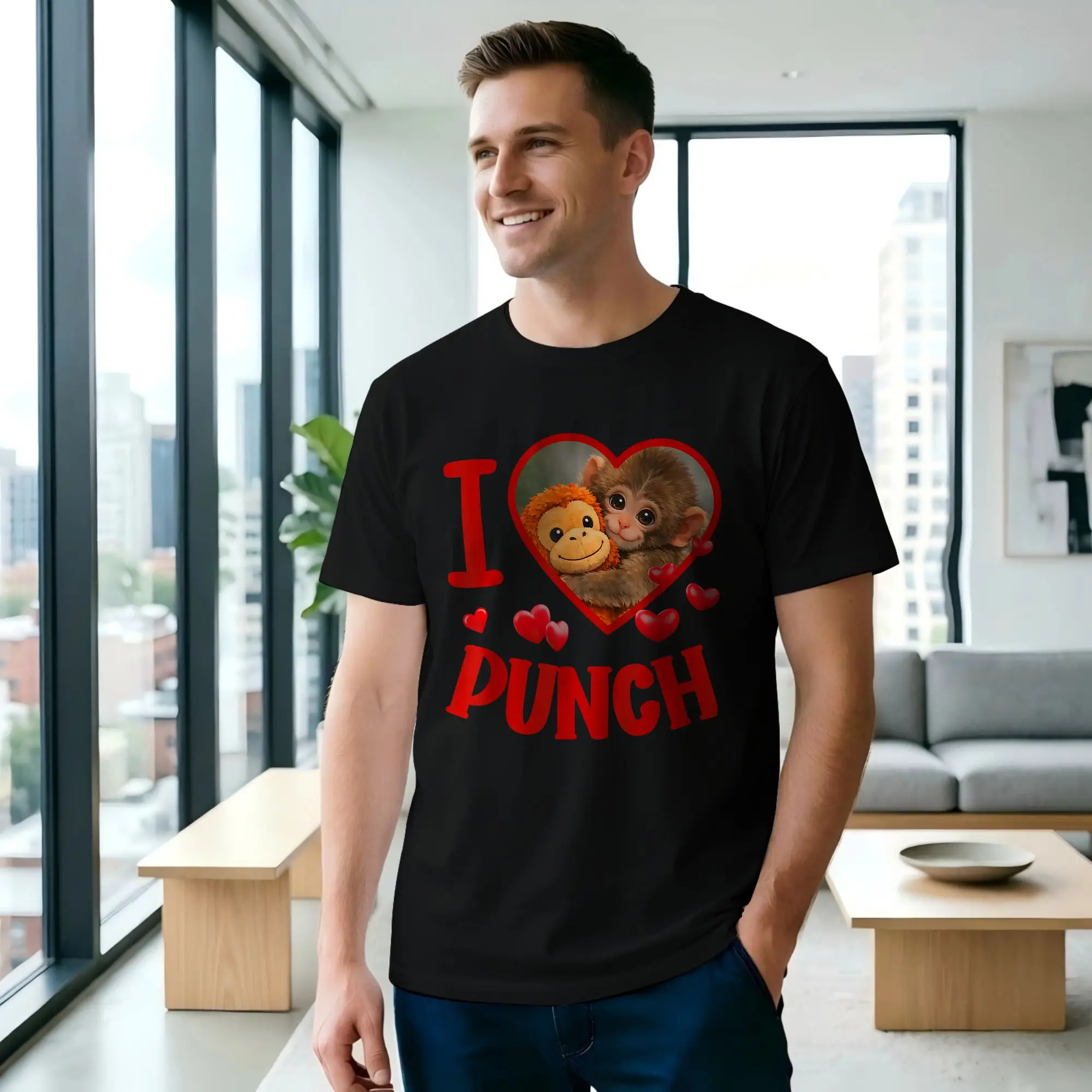 I Love Punch Cute Monkey Punch T Shirt  Men Punch Monkey  Crazy Tees Short Sleeve Round Neck Cotton Birthday Gift Tops T-Shirt