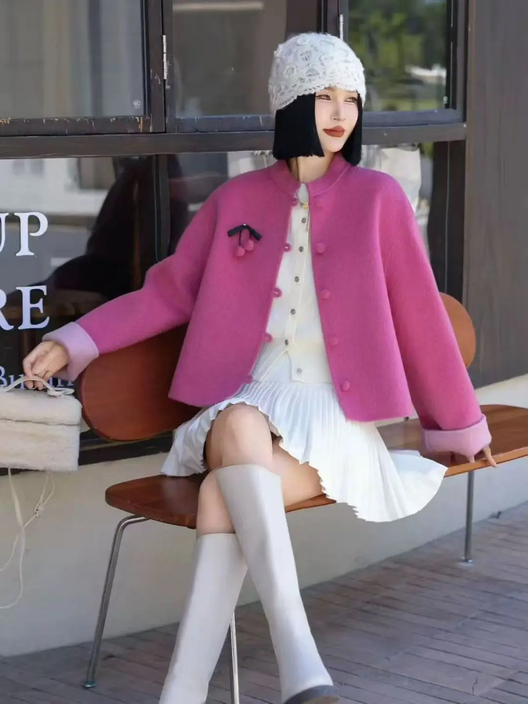 Autumn High Quality New Small Stand up Collar with Raglan Sleeves Handmade Button Rose Red Double sided Wool Women's Short Coat