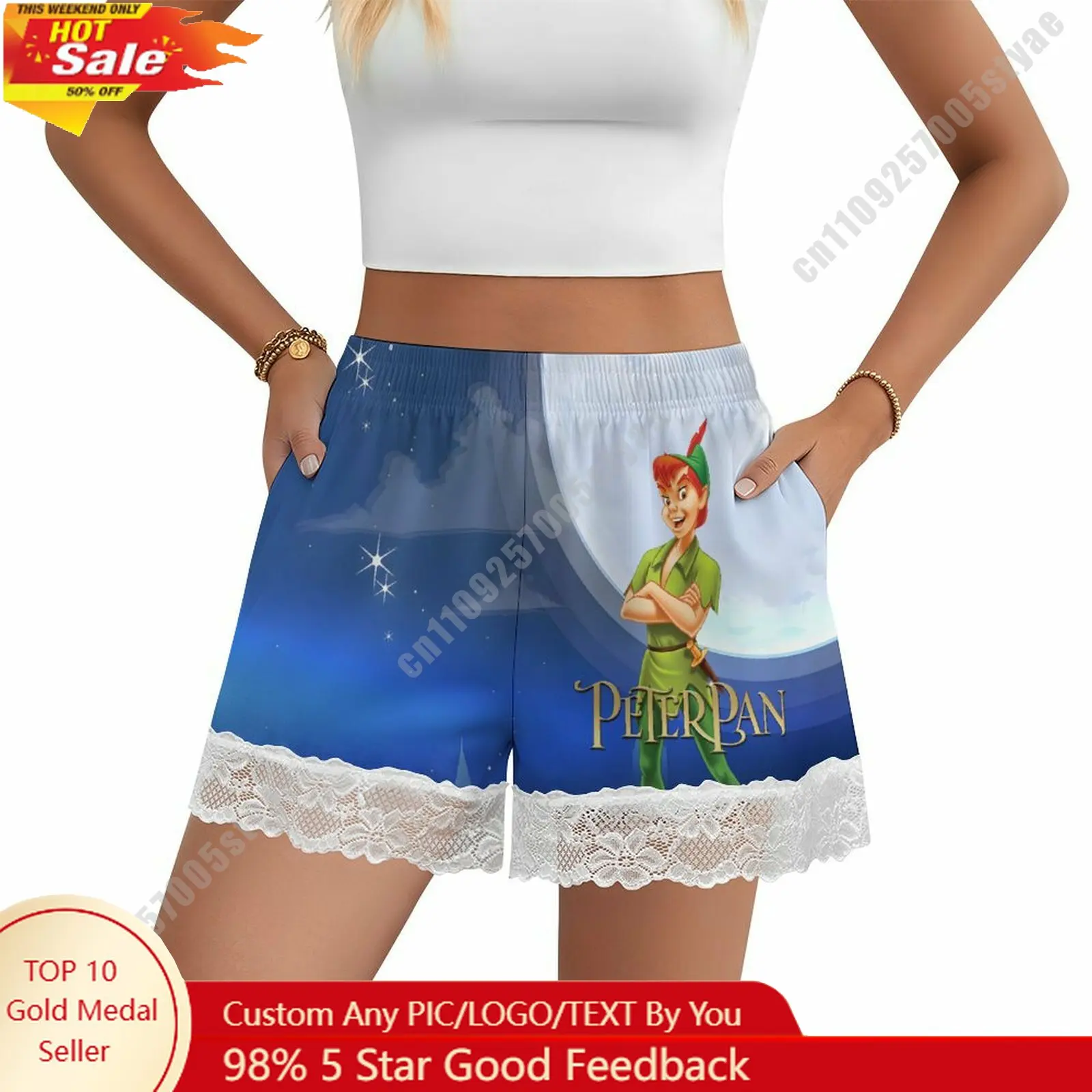 

Peter Pan Short Pajama Pants Disney Cartoon Women Summer Lace Trim Thin Panties Custom Loose Home Casual Shorts