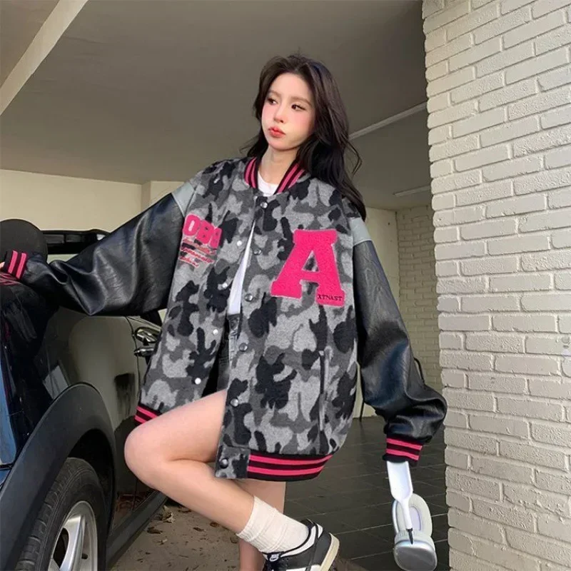 ฤดูใบไม้ผลิฤดูใบไม้ร่วงเสื้อแจ็คเก็ตวินเทจผู้หญิงเกาหลี Harajuku แฟชั่นวิทยาลัยชุดแจ็คเก็ตเบสบอลหญิงขนาดใหญ่ Streetwear Y2k