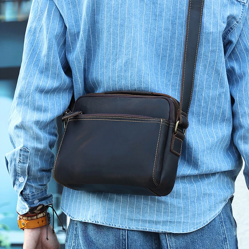 Retro postman bag, wild horse leather, men's cross-body bag, sporty commuting men's bag, genuine leather shoulder bag