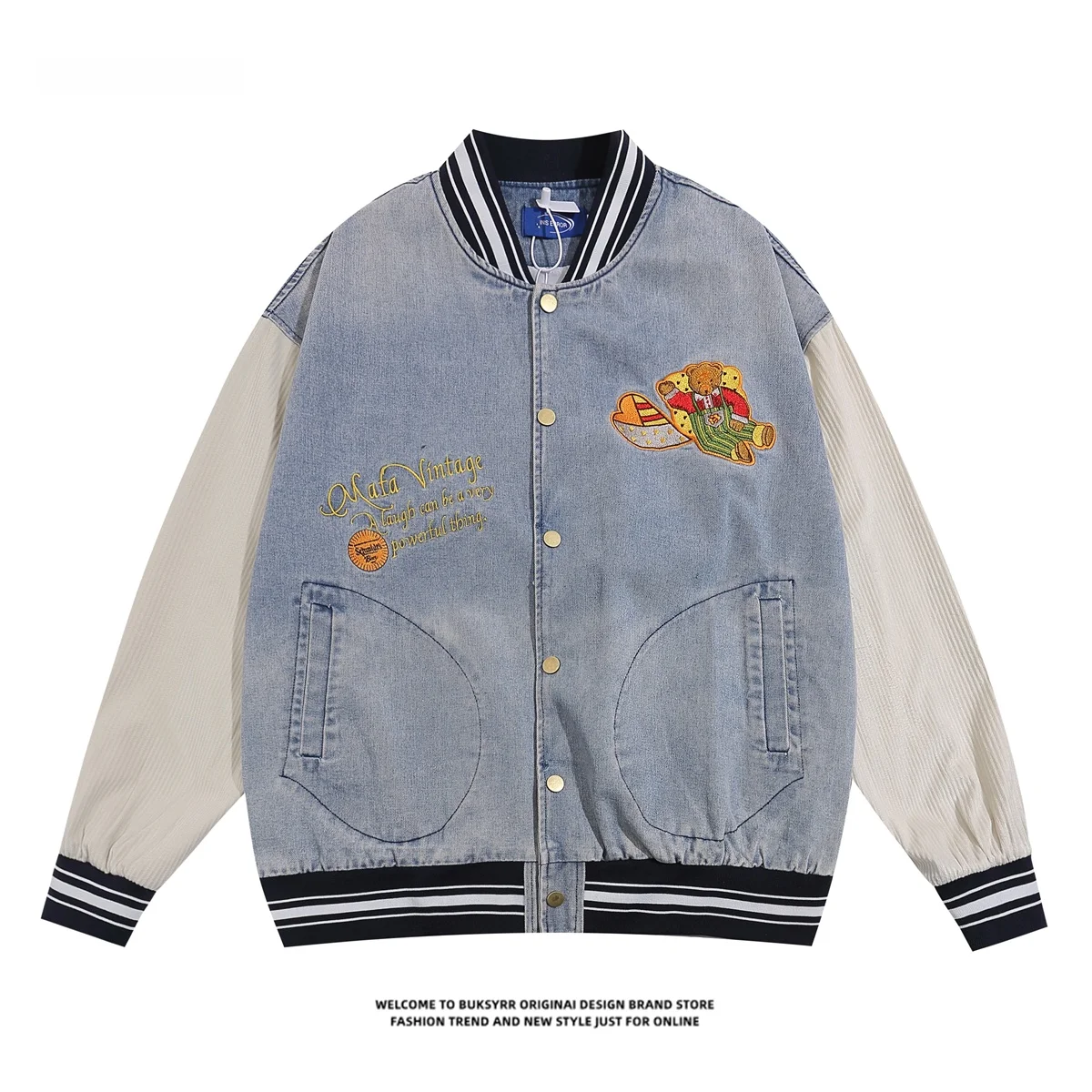 

Buksyrr лоскутное цветное джинсовое пальто с вышивкой Blo Bear, женское бейсбольное пальто в американском стиле ретро для колледжа, пара