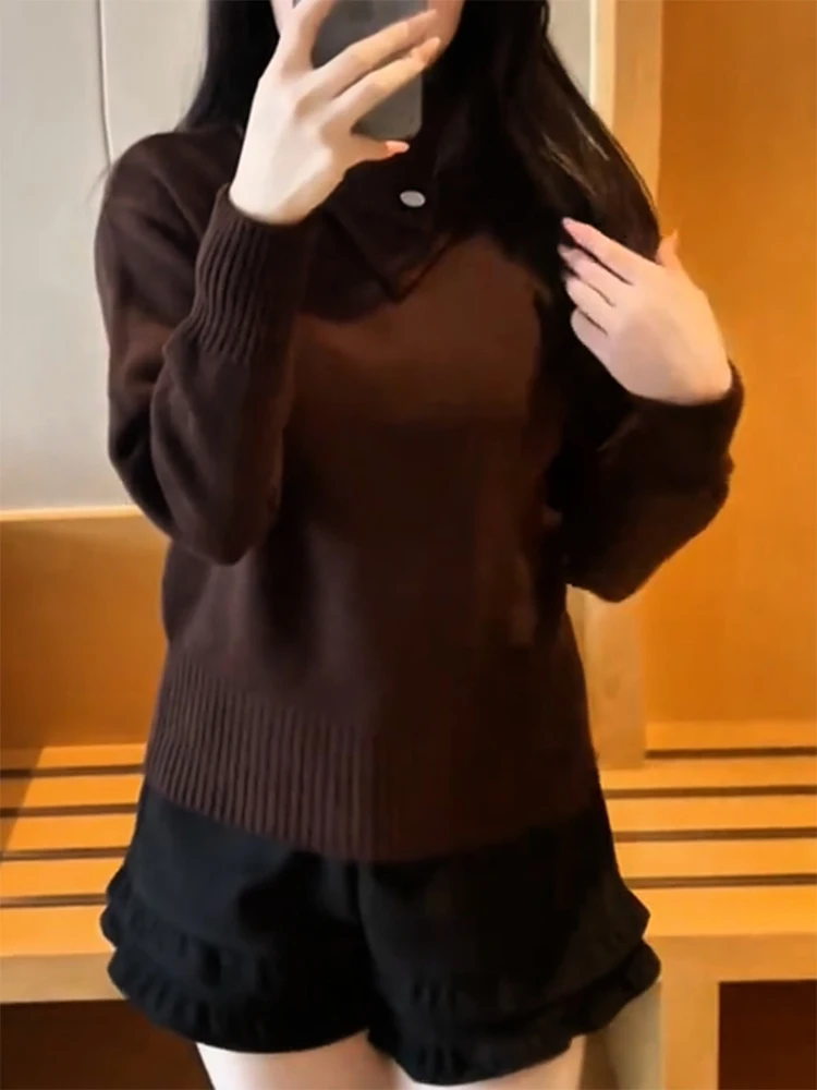 

Корейский винтажный трикотажный джемпер с отложным воротником, осенне-зимняя новинка, большие размеры, универсальный, стройнящий топ для женщин