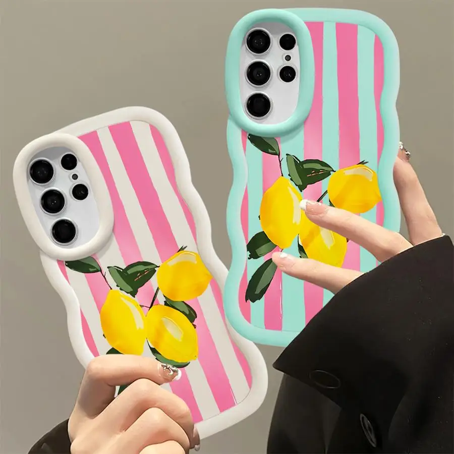 Case for Samsung Galaxy S26 S20 FE S25+ S23 Plus S24 S21 S25 S22 Ultra S24+ Soft Phone Cover Pink Stripe Lemon