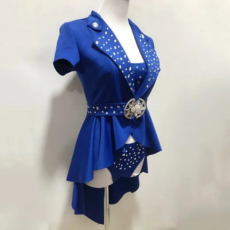 Women's Sexy Jazz Dance Team Costume Blue Crystal Tailcoat Split 3-Piece Set Stage Performance Outfit Nightclub Stage Wear