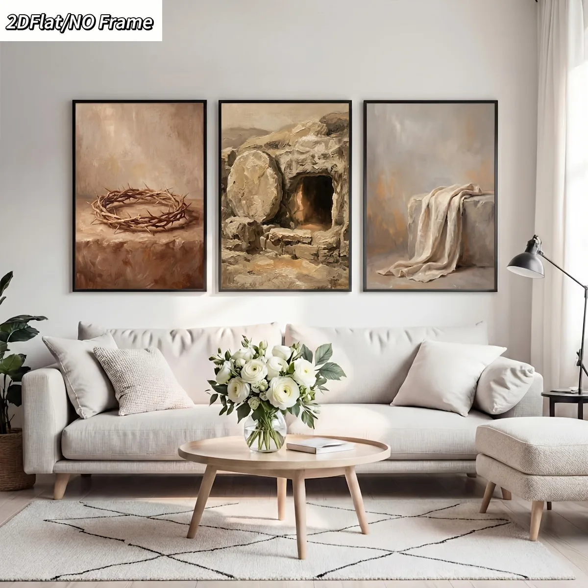 （NoFrame 3pcs）-2D Flat, 3pcs Christian Wall Decor Suitable for Home Church Bible Verse Art - Crown of Thorns & Empty Tomb Fra