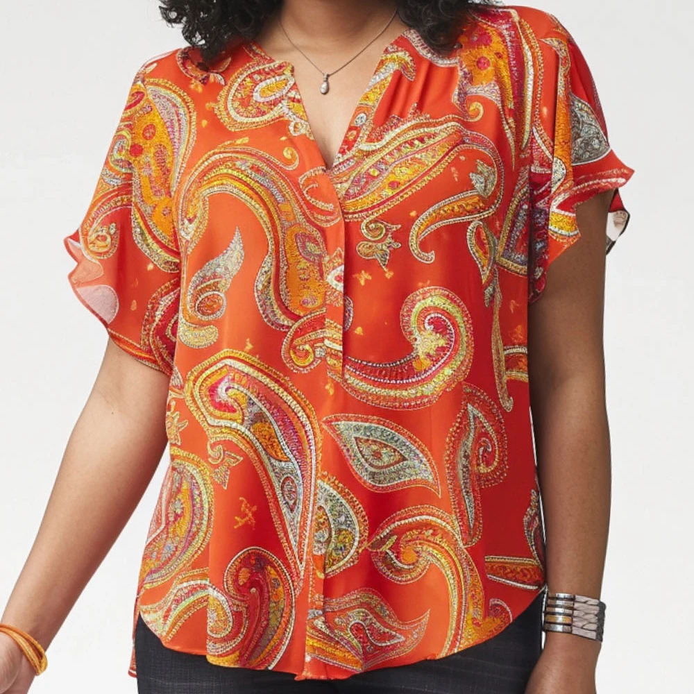 Plus Size Summer Casual Tops Orange Paisley Printed V Neck Chiffon Short Sleeve Blouse