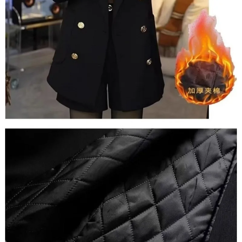 黒のダブルブレストパッド入りコットンスーツジャケット女性の新しい秋冬ハイエンド痩身スタイリッシュなブレザー