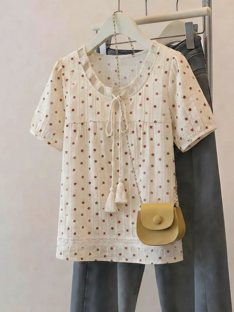 

Bohemian Floral Print Women's Shirt Shoulder Length Doll Style Top Breathable Korean Style Loose Fit Summer New Arrival
