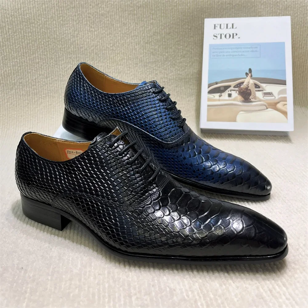 High-End Genuine Cowhide Men's Pointed Toe Formal Shoes Hand-Lace-Up Oxford Snake Pattern Suitable for Party And Office