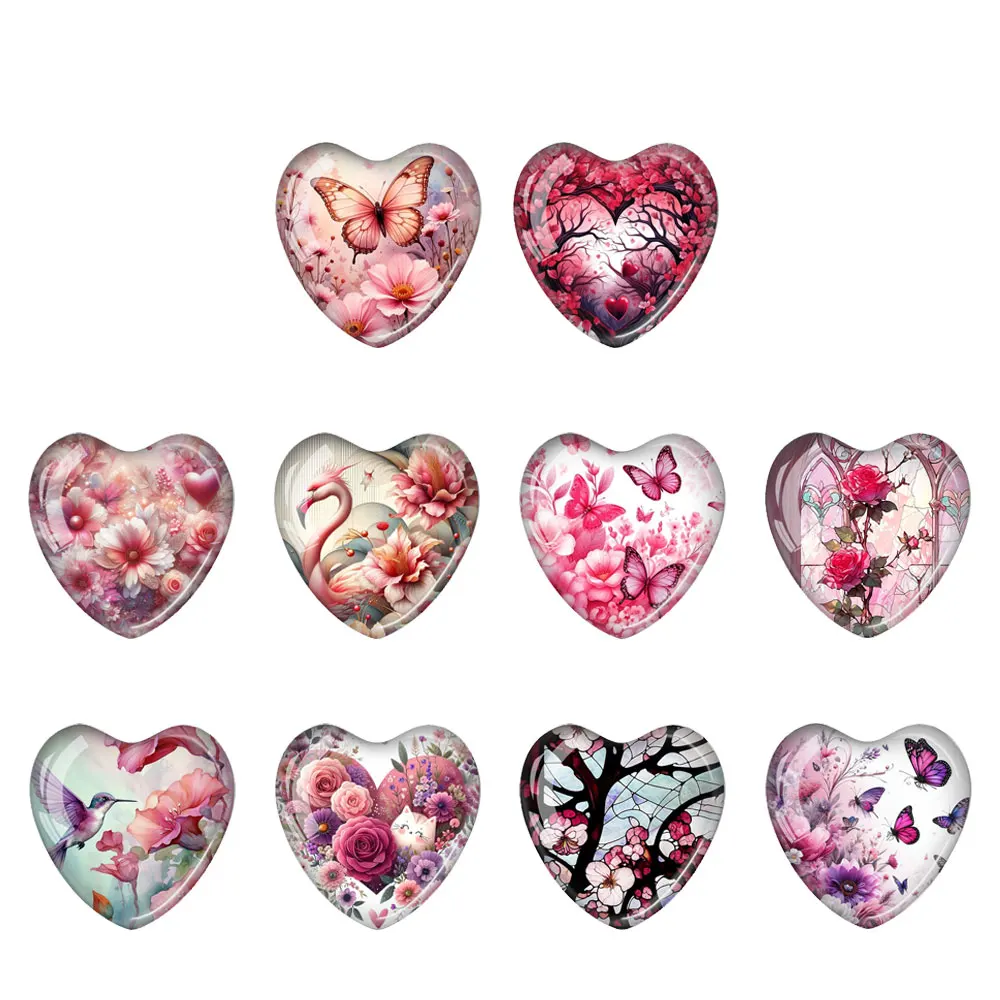 10pcs Heart-Shaped Glass Charms with Vibrant Red Floral & Animal Designs - Glossy Finish DIY Jewelry Inlay Accessories