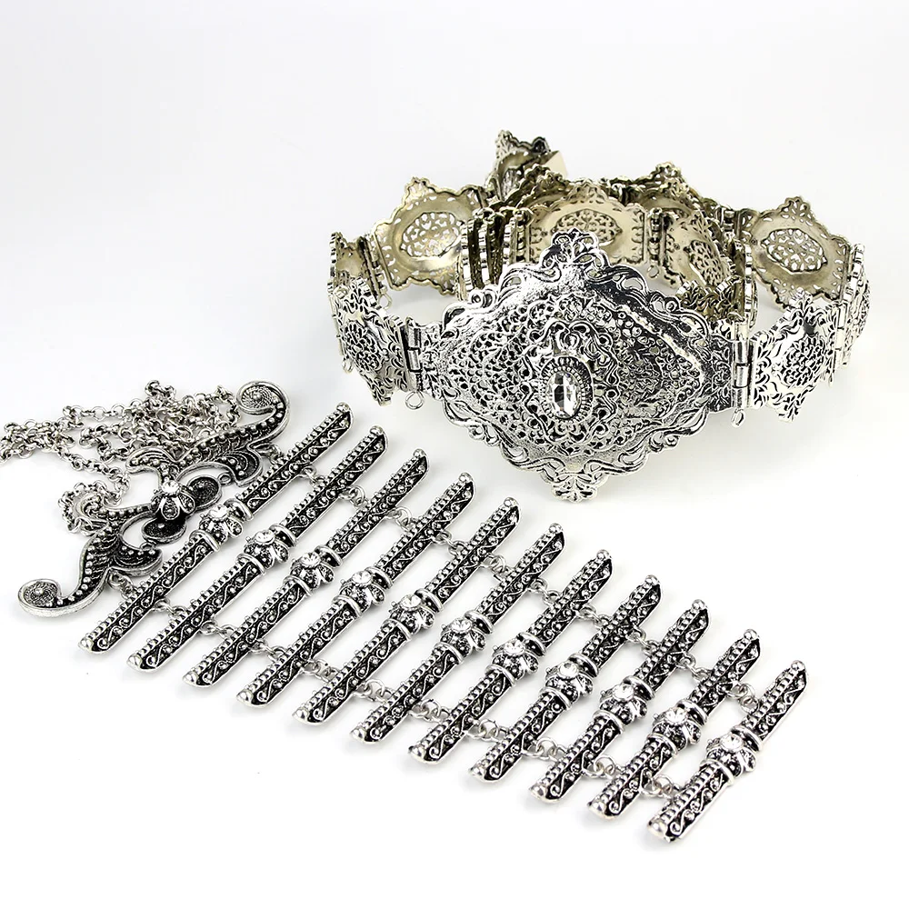Sunspicems Retro Silver Color Turkish Caucasus Belt Breastplate Wedding Jewelry Set For Women Arabic Robe Caftan Bijoux