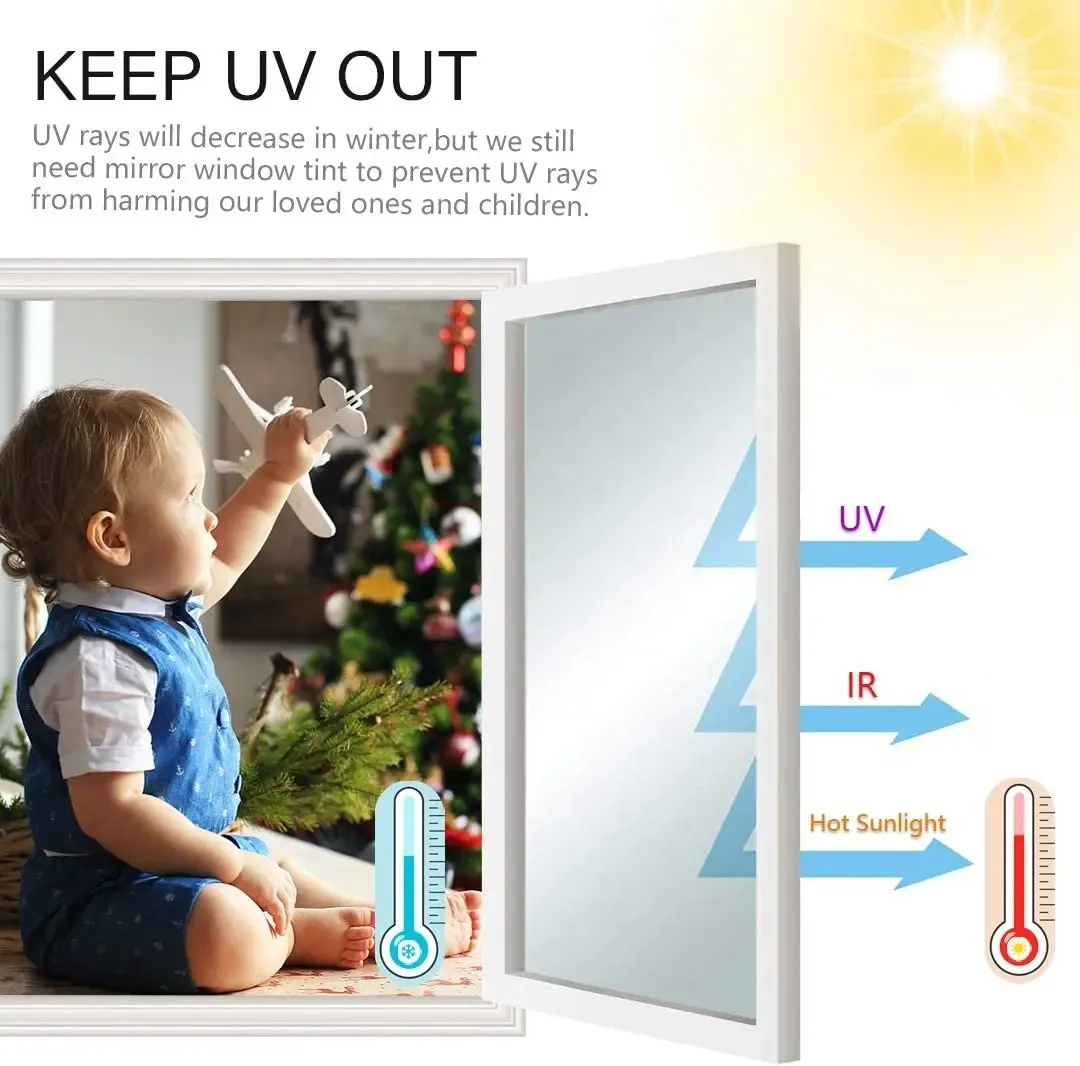 One Way Mirror Privacy Window Film Self Adhesive Anti UV Heat Control Window Tint Silver for Home Office Glass Door