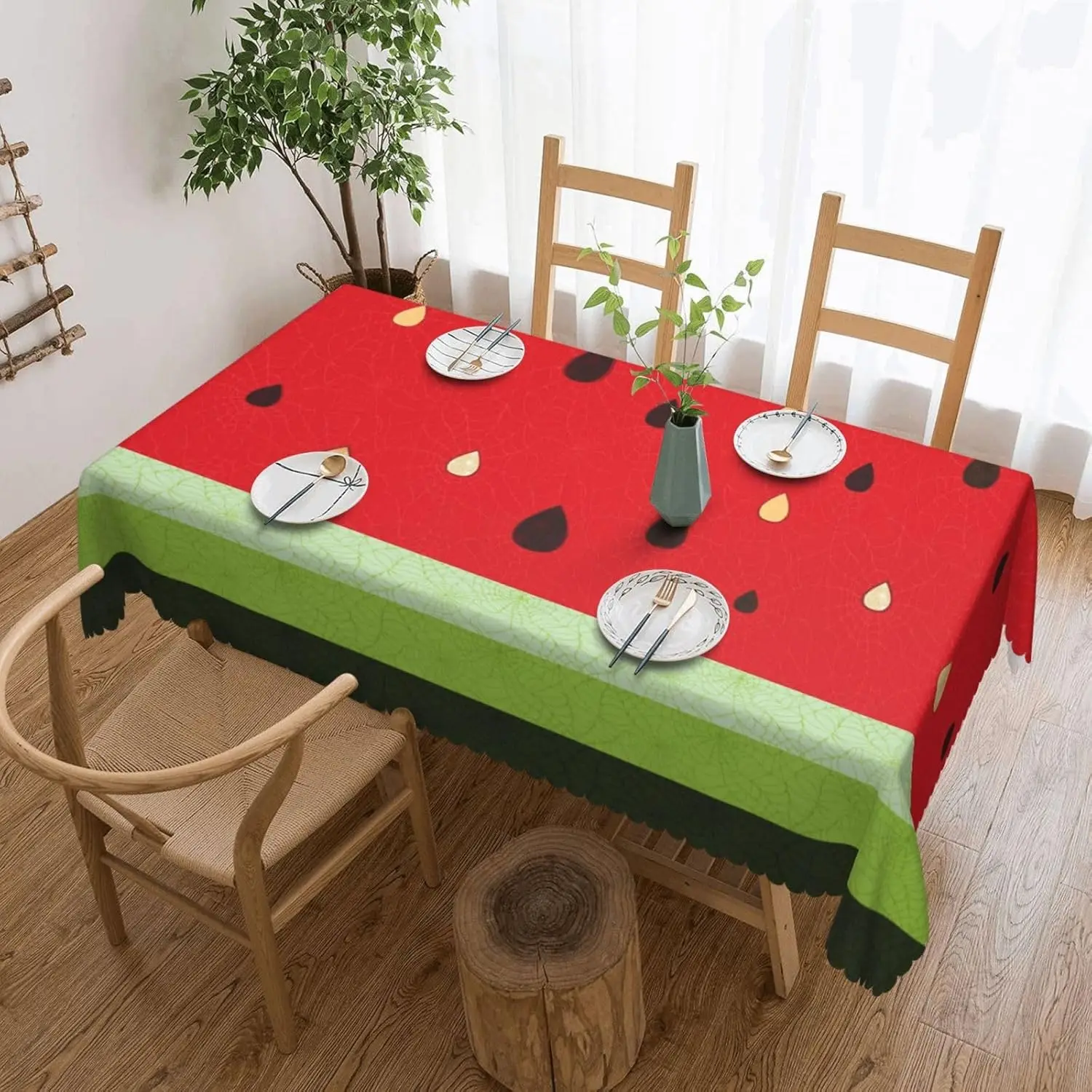 Watermelon Tablecloth Fruit Juice Seed Sliced Rectangle Sweet Summer Decor Wavy Edging Washable Cover for Party Dinner